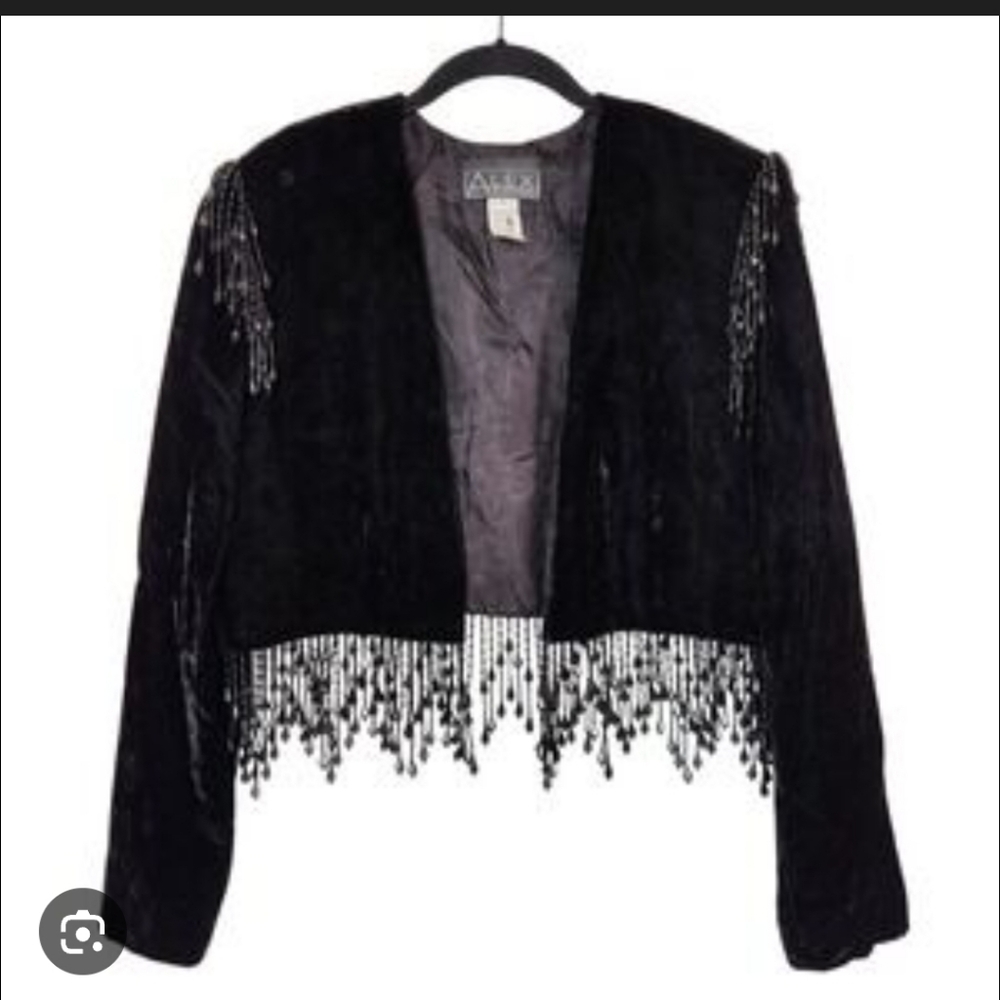 Alex Evenings Black Velvet Jacket with Beaded Fringe